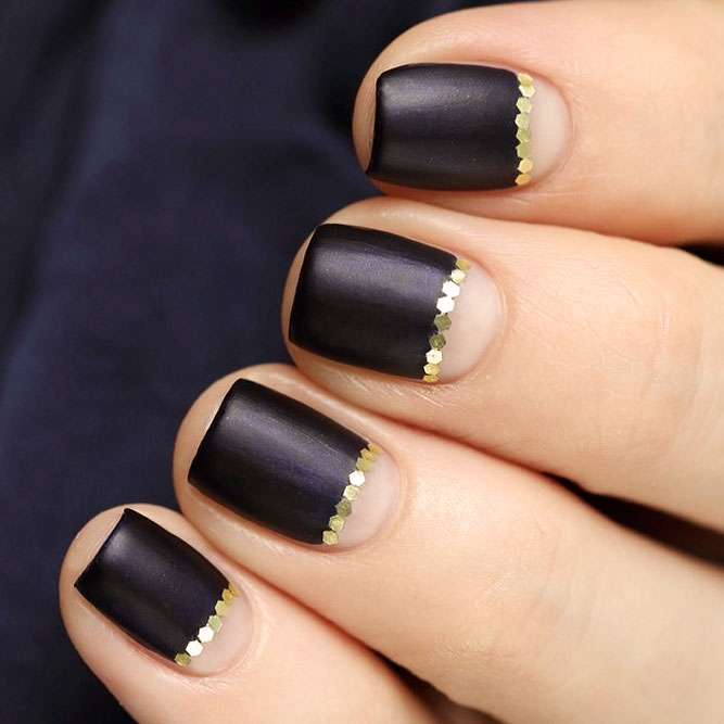 Matte Black Nails with Gold Sequins Designs picture 1