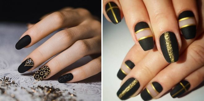 черные матовые ногти с золотом
