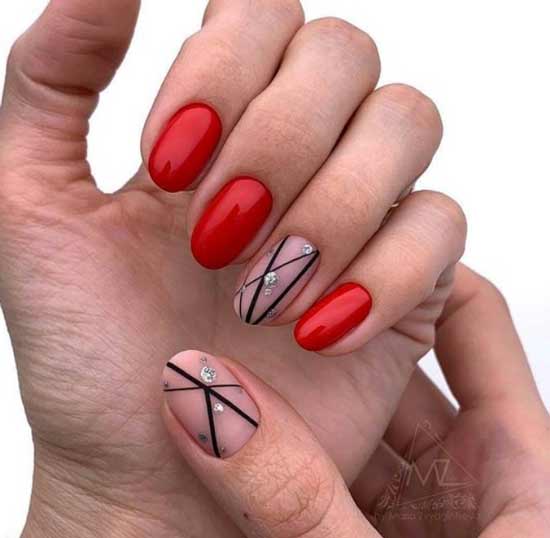 Геометрия черным на красном фоне ногтей