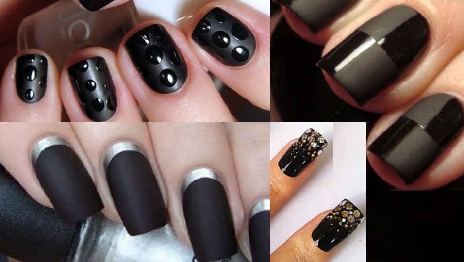 Черный дизайн маникюра ногтей, новинки черного цвета, с модными ногтями гель-лаком, френч в черных тонах с блестками 2020