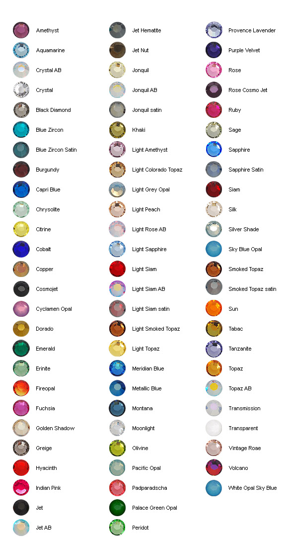 Sample of rhinestones from the Swarovski rhinestone colour chart