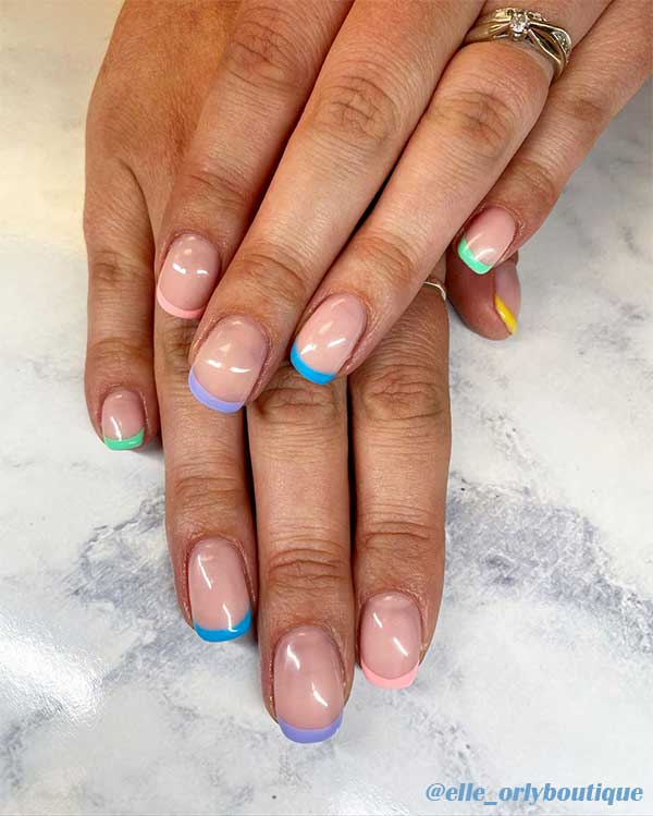 Lovely colorful short round french tip nails design!
